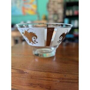 MCM Anchor Hocking Fleur de Lis Serving Bowl with Gold Leaf Design Vintage